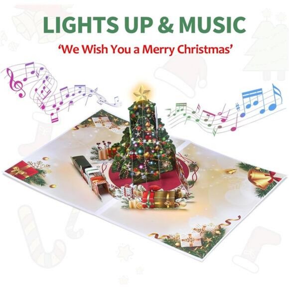 Venhoo Pop Up Christmas Cards with Light and Music, Christmas Tree Design, - Picture 2 of 7
